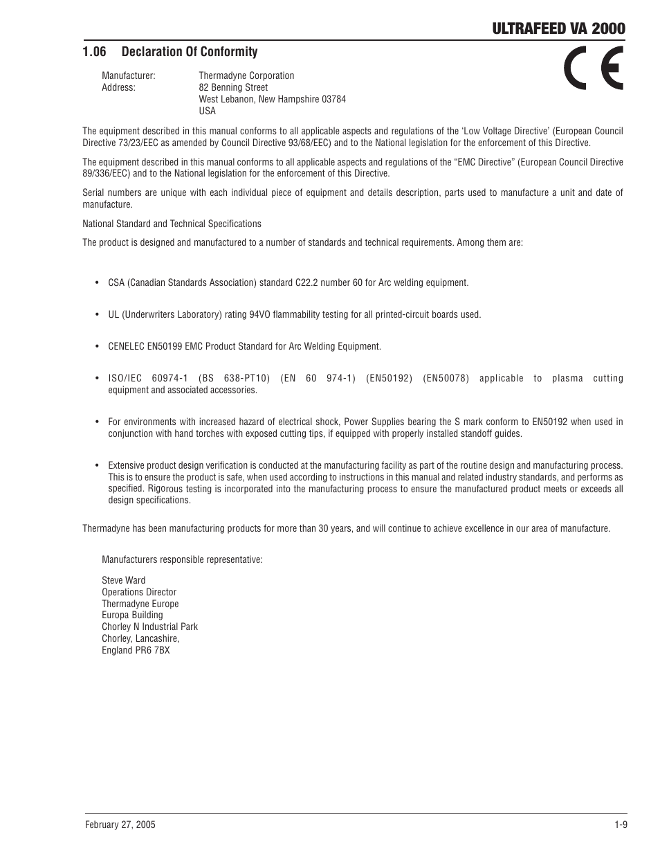 06 declaration of conformity, 06 declaration of conformity -9, Ultrafeed va 2000 | Tweco VA 2000 Ultra-Feed User Manual | Page 15 / 50