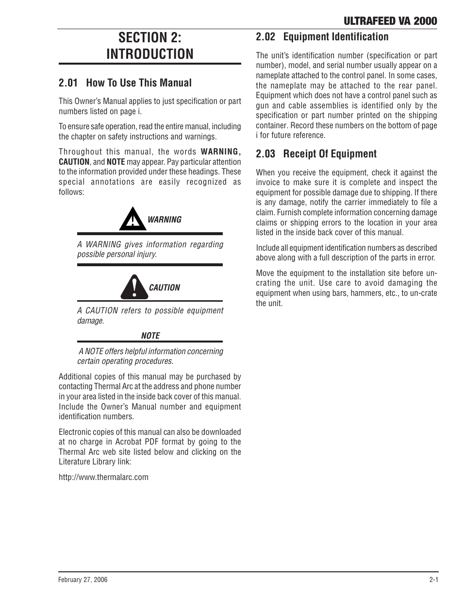 Section 2: introduction, 01 how to use this manual, 02 equipment identification | 03 receipt of equipment, Section 2, Introduction -1, Ultrafeed va 2000 | Tweco VA 2000 Ultra-Feed User Manual | Page 17 / 50