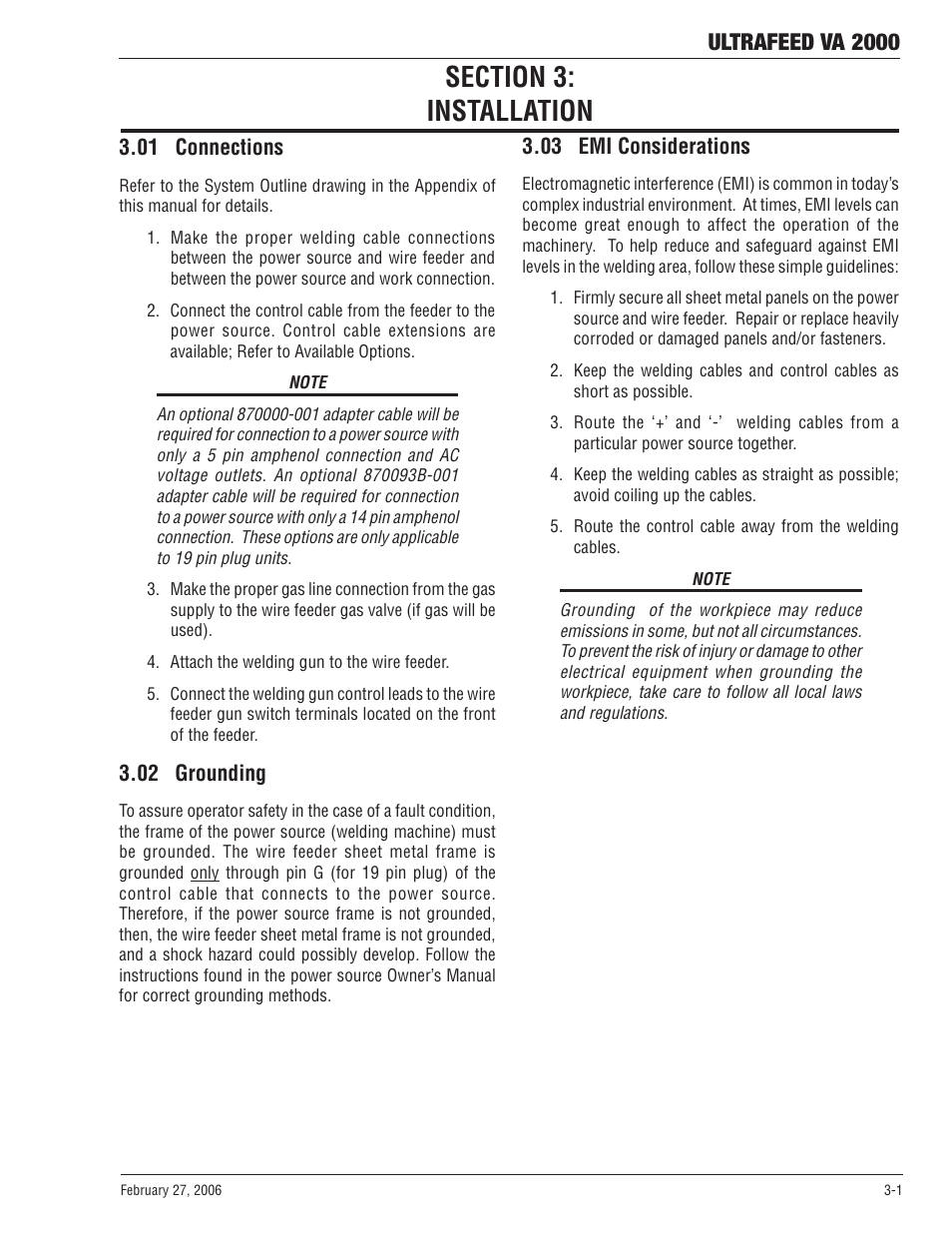 Section 3: installation, 03 emi considerations, Section 3 | Installation -1, 03 emi considerations -1, Ultrafeed va 2000 | Tweco VA 2000 Ultra-Feed User Manual | Page 21 / 50