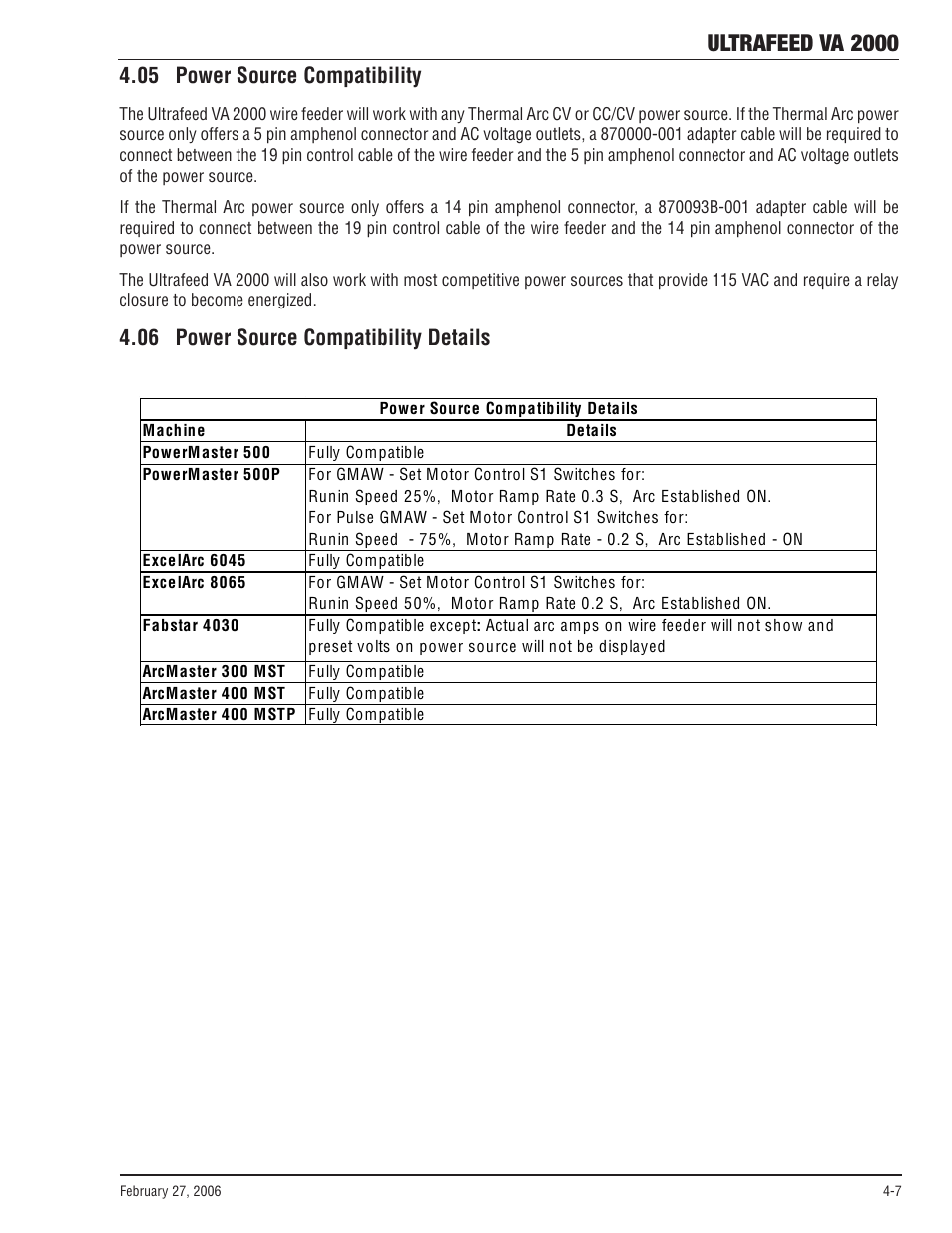 Ultrafeed va 2000, 05 power source compatibility, 06 power source compatibility details | Tweco VA 2000 Ultra-Feed User Manual | Page 33 / 50