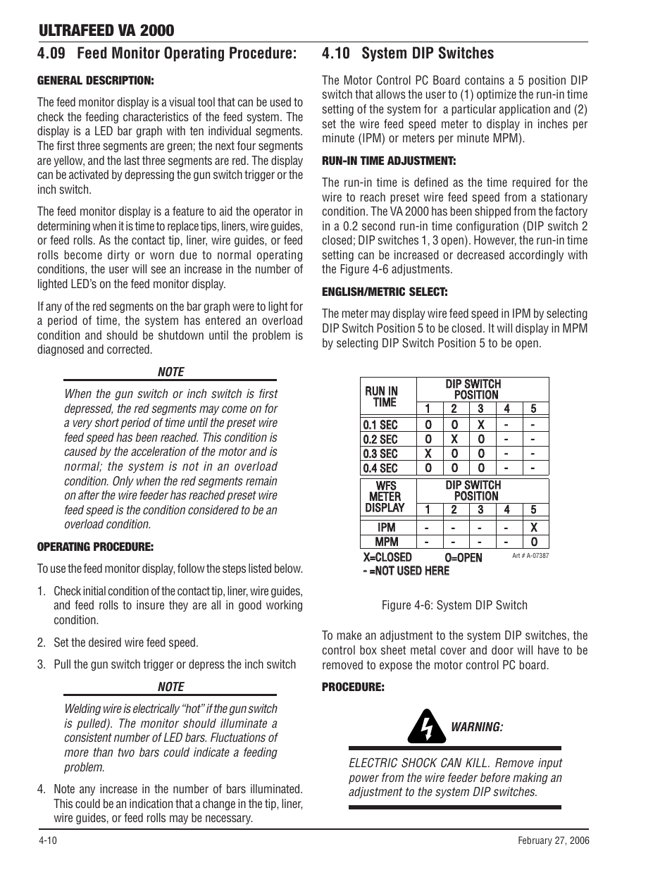09 feed monitor operating procedure, 10 system dip switches, Ultrafeed va 2000 | Tweco VA 2000 Ultra-Feed User Manual | Page 36 / 50