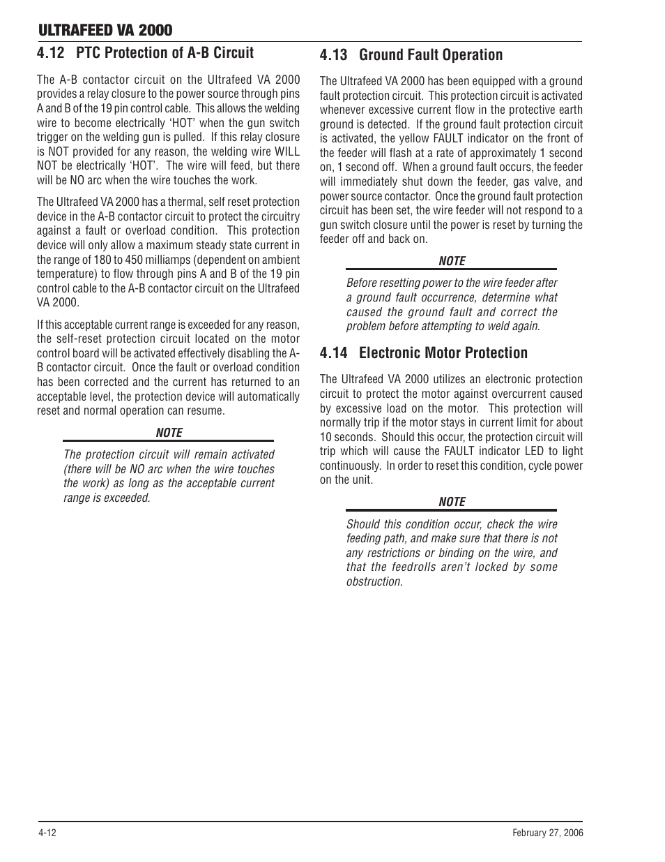 12 ptc protection of a-b circuit, 13 ground fault operation, 14 electronic motor protection | Ultrafeed va 2000 | Tweco VA 2000 Ultra-Feed User Manual | Page 38 / 50