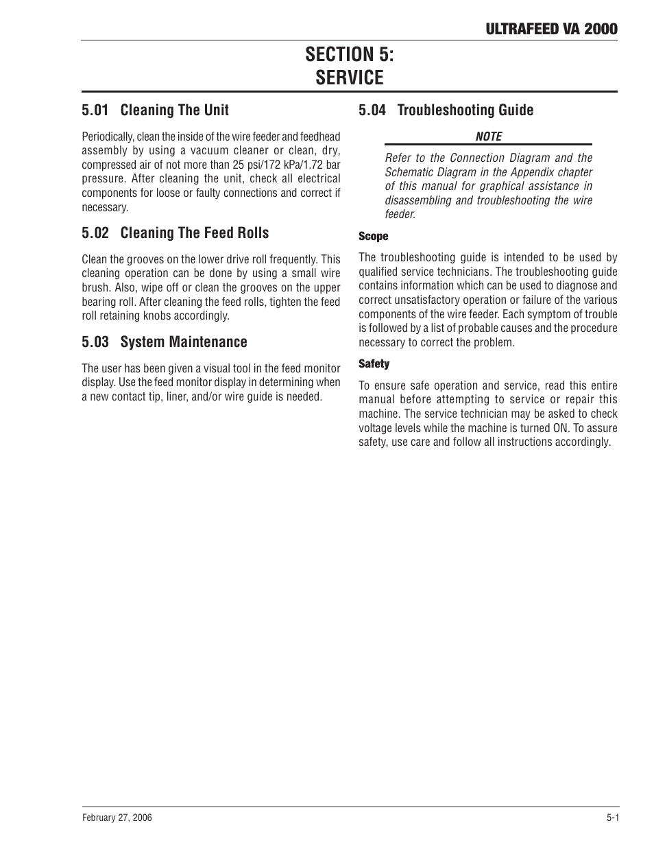 Section 5: service, 01 cleaning the unit, 02 cleaning the feed rolls | 03 system maintenance, 04 troubleshooting guide, Section 5, Service -1, Ultrafeed va 2000 | Tweco VA 2000 Ultra-Feed User Manual | Page 39 / 50