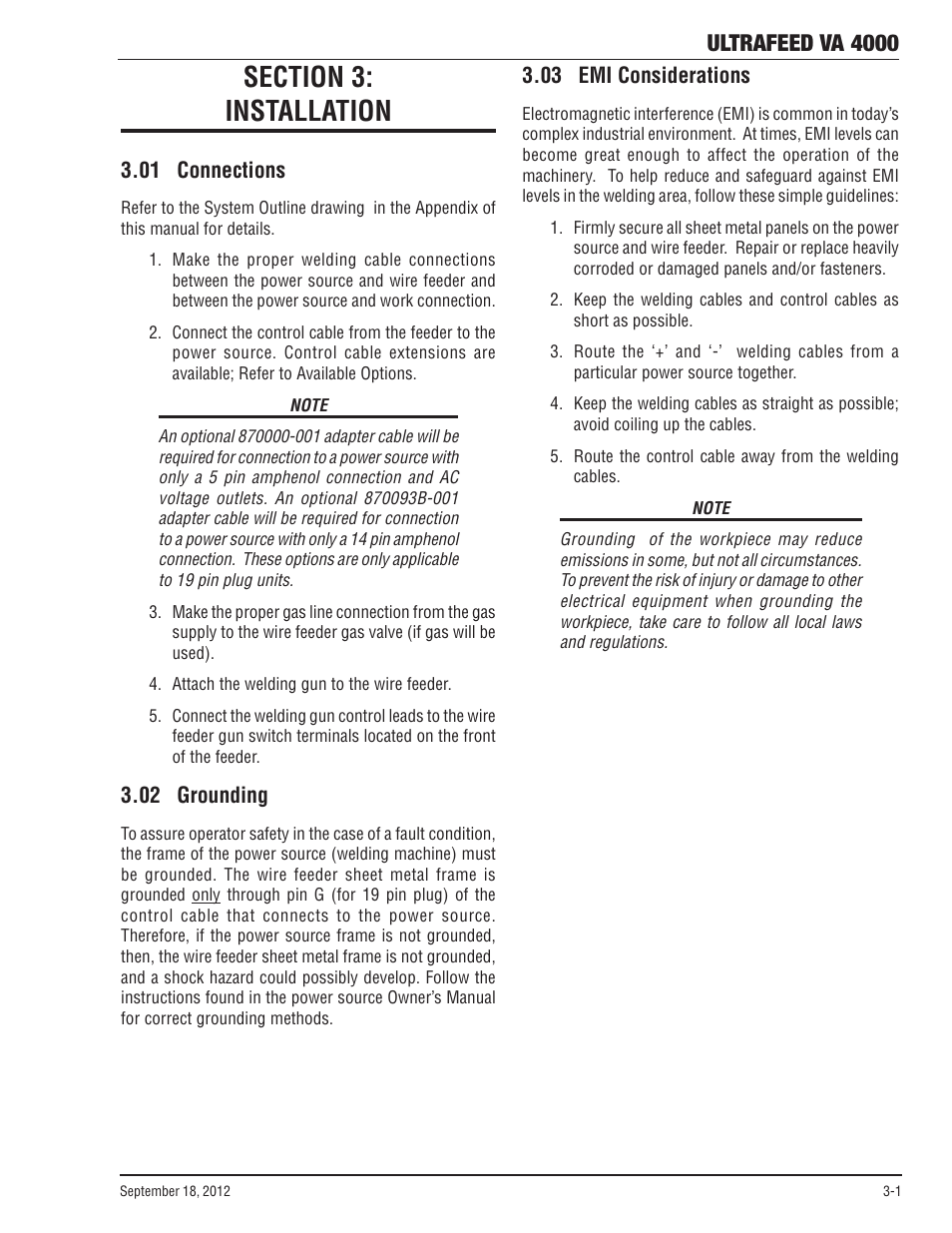 Section 3: installation, 01 connections, 02 grounding | 03 emi considerations, Section 3, Installation -1, Ultrafeed va 4000 | Tweco VA 4000 Ultra-Feed User Manual | Page 23 / 56