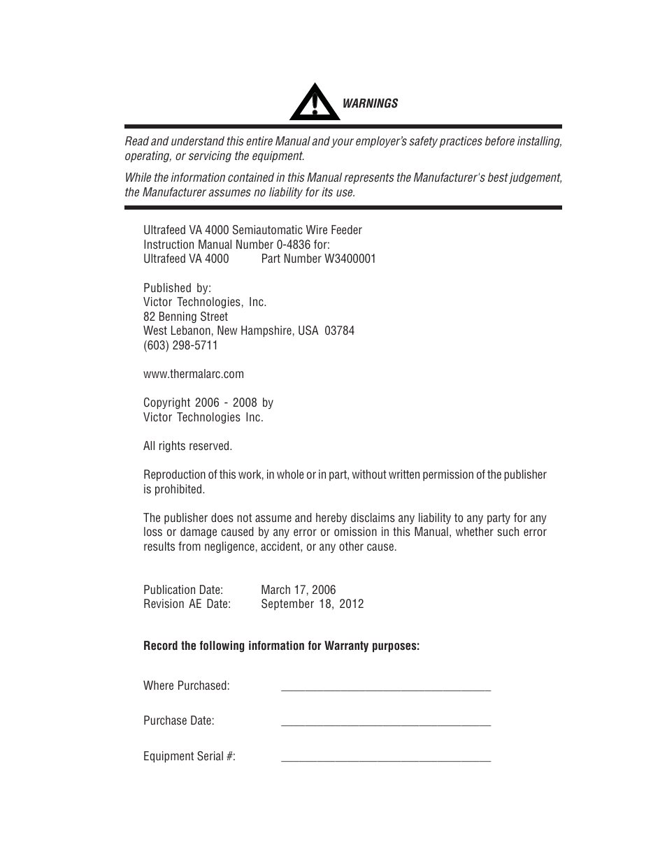 Tweco VA 4000 Ultra-Feed User Manual | Page 3 / 56