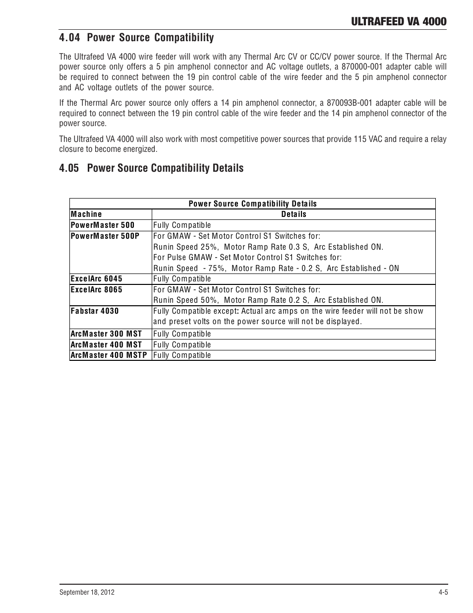 04 power source compatibility, 05 power source compatibility details, Ultrafeed va 4000 | Tweco VA 4000 Ultra-Feed User Manual | Page 33 / 56