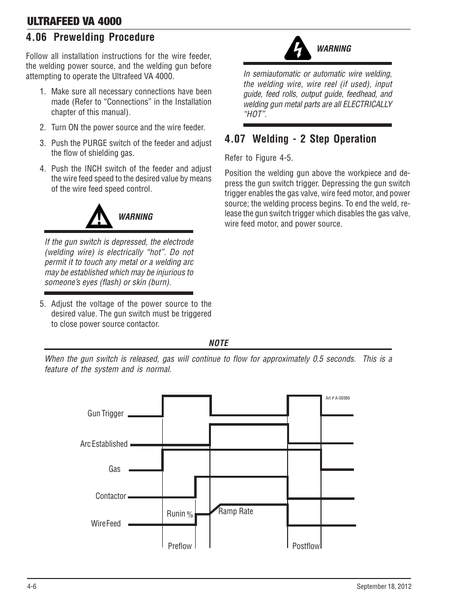 06 prewelding procedure, 07 welding - 2 step operation, Ultrafeed va 4000 | Tweco VA 4000 Ultra-Feed User Manual | Page 34 / 56