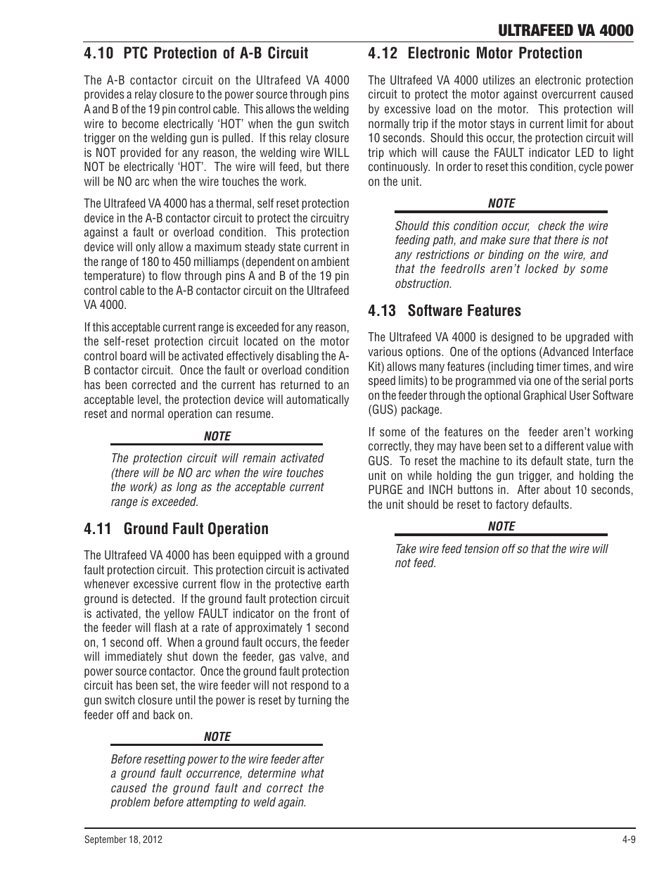 10 ptc protection of a-b circuit, 11 ground fault operation, 12 electronic motor protection | 13 software features, Ultrafeed va 4000 | Tweco VA 4000 Ultra-Feed User Manual | Page 37 / 56