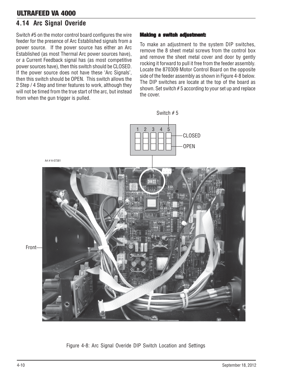 14 arc signal overide, 14 arc signal overide -10, Ultrafeed va 4000 | Tweco VA 4000 Ultra-Feed User Manual | Page 38 / 56