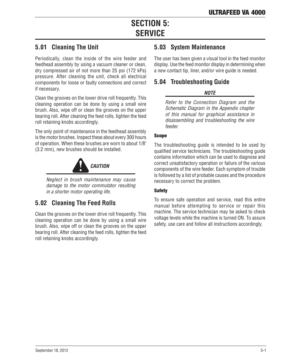 Section 5: service, 01 cleaning the unit, 02 cleaning the feed rolls | 03 system maintenance, 04 troubleshooting guide, Section 5, Service -1, Ultrafeed va 4000 | Tweco VA 4000 Ultra-Feed User Manual | Page 39 / 56