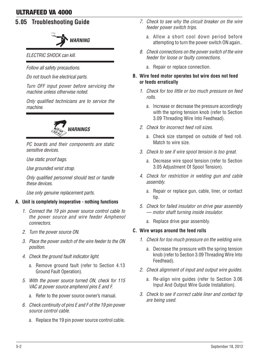 05 troubleshooting guide, 05 troubleshooting guide -2, Ultrafeed va 4000 | Tweco VA 4000 Ultra-Feed User Manual | Page 40 / 56