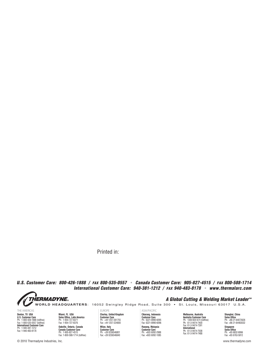 Printed in, A global cutting & welding market leader | Tweco VA 4000 Ultra-Feed User Manual | Page 56 / 56