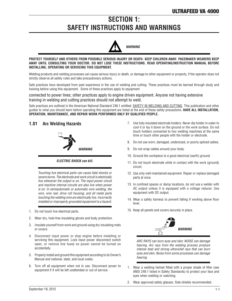 Section 1: safety instructions and warnings, 01 arc welding hazards, Section 1 | Safety instructions and warnings -1, 01 arc welding hazards -1, Ultrafeed va 4000 | Tweco VA 4000 Ultra-Feed User Manual | Page 7 / 56