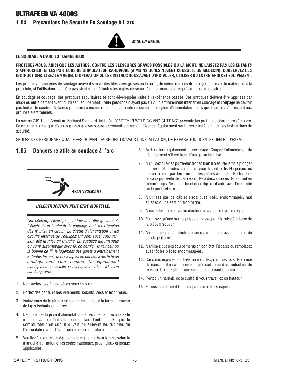 04 precautions de securite en soudage a l'arc, 05 dangers relatifs au soudage à l'arc, Ultrafeed va 4000s | Tweco VA 4000S Ultra-Feed User Manual | Page 12 / 58