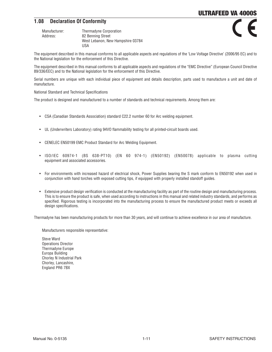 08 declaration of conformity, 08 declaration of conformity -11, Ultrafeed va 4000s | Tweco VA 4000S Ultra-Feed User Manual | Page 17 / 58