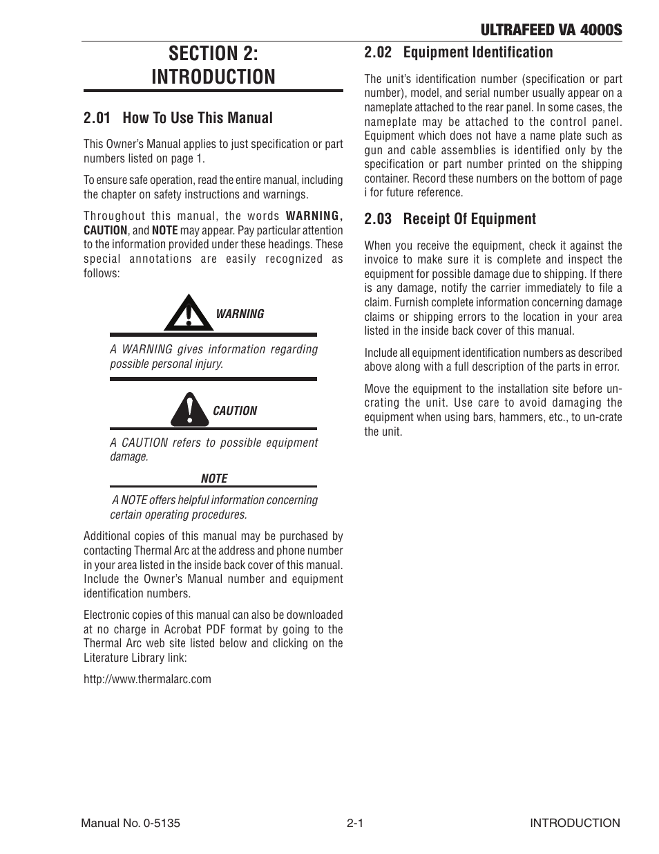 Section 2: introduction, 01 how to use this manual, 02 equipment identification | 03 receipt of equipment, Section 2, Introduction -1, Ultrafeed va 4000s | Tweco VA 4000S Ultra-Feed User Manual | Page 19 / 58