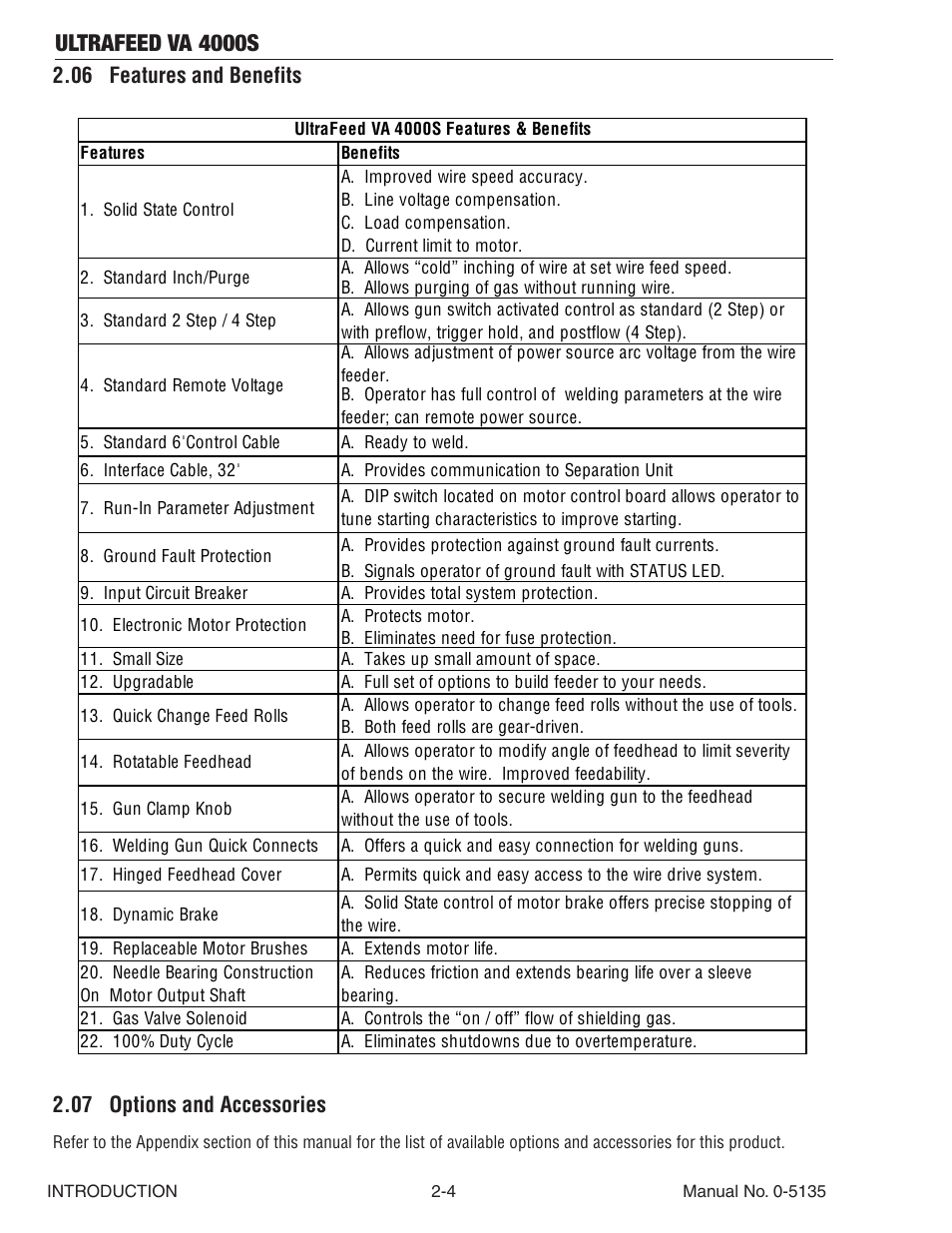 06 features and benefits, 07 options and accessories, Ultrafeed va 4000s | Tweco VA 4000S Ultra-Feed User Manual | Page 22 / 58
