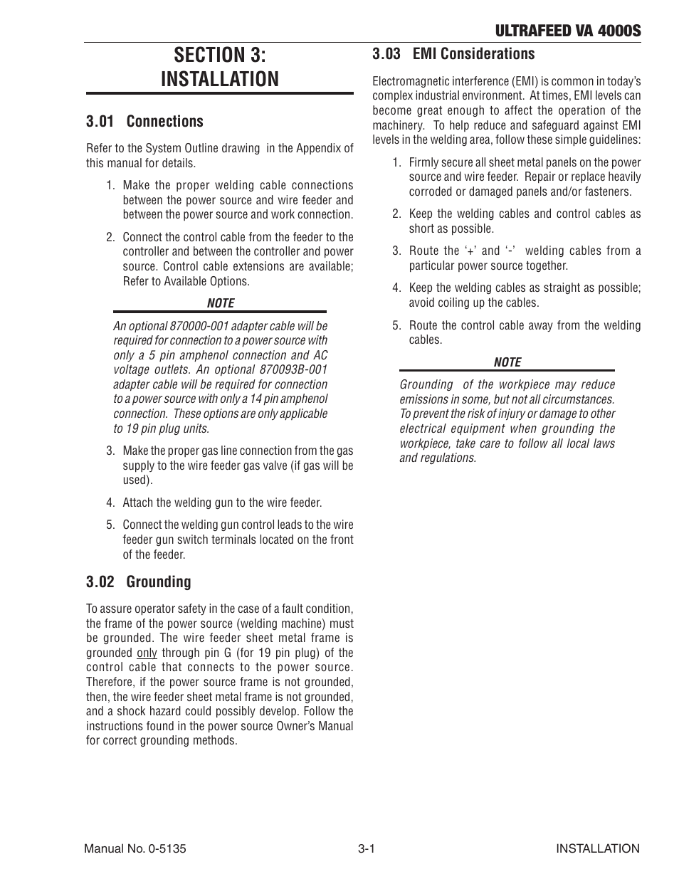 Section 3: installation, 01 connections, 02 grounding | 03 emi considerations, Section 3, Installation -1, Ultrafeed va 4000s | Tweco VA 4000S Ultra-Feed User Manual | Page 23 / 58