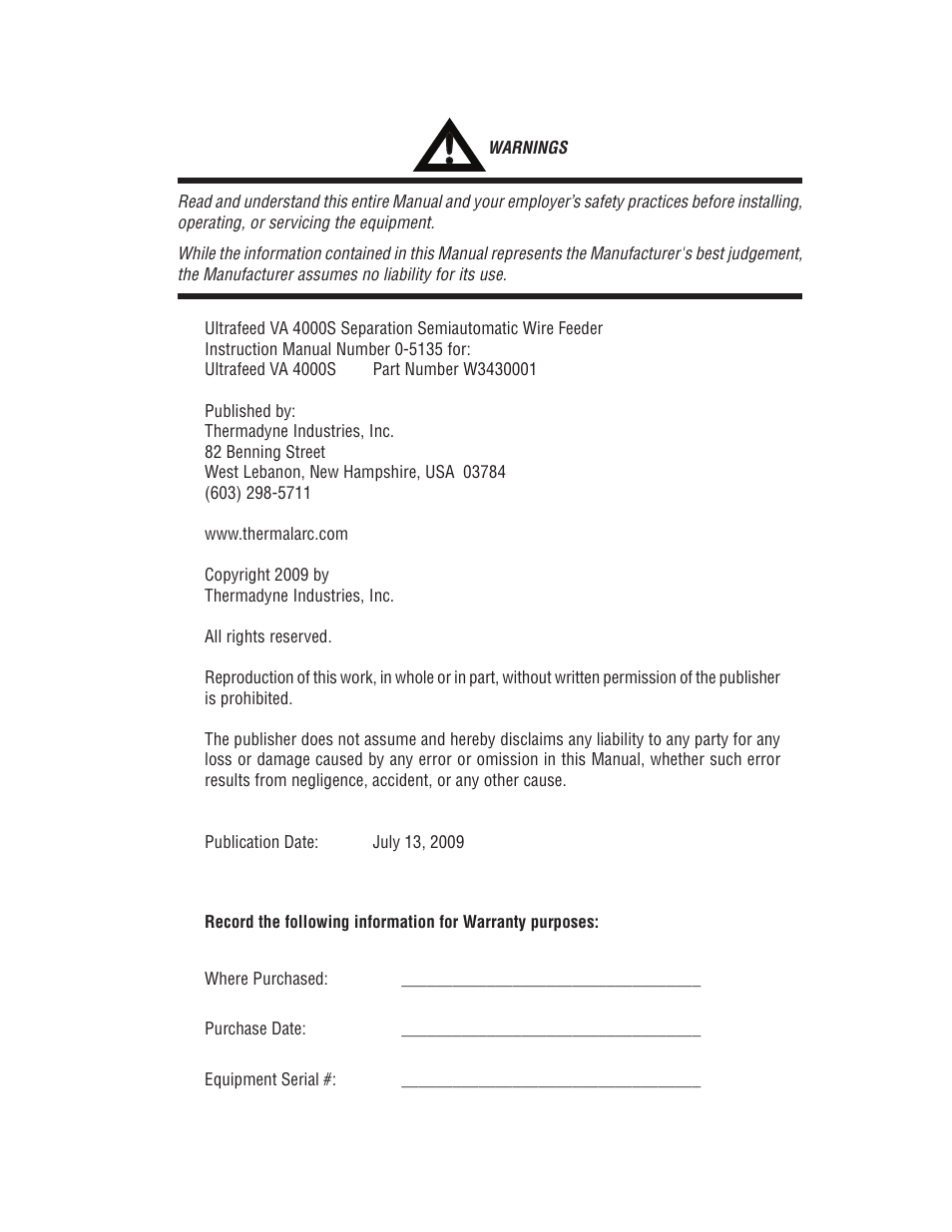 Tweco VA 4000S Ultra-Feed User Manual | Page 3 / 58