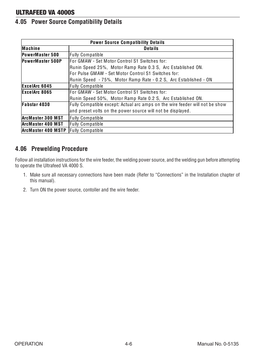 05 power source compatibility details, 06 prewelding procedure, Ultrafeed va 4000s | Tweco VA 4000S Ultra-Feed User Manual | Page 32 / 58