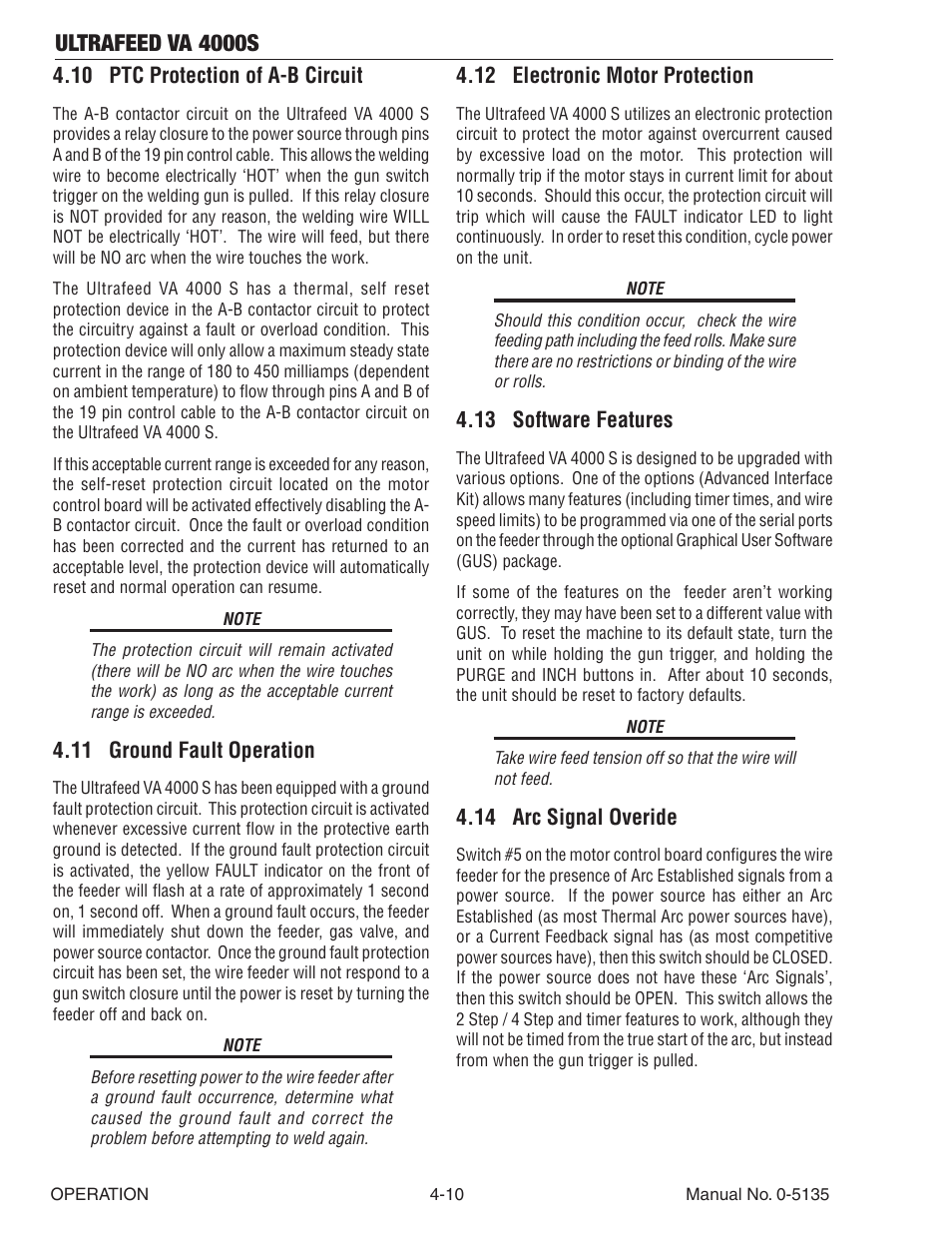 10 ptc protection of a-b circuit, 11 ground fault operation, 12 electronic motor protection | 13 software features, 14 arc signal overide, Ultrafeed va 4000s | Tweco VA 4000S Ultra-Feed User Manual | Page 36 / 58