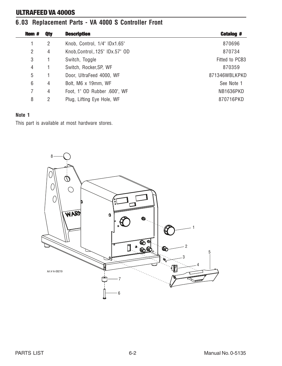 03 replacement parts - va 4000 s controller front, Ultrafeed va 4000s | Tweco VA 4000S Ultra-Feed User Manual | Page 44 / 58