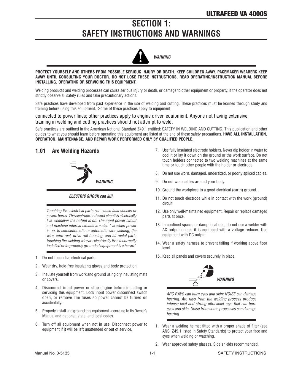 Section 1: safety instructions and warnings, 01 arc welding hazards, Section 1 | Safety instructions and warnings -1, 01 arc welding hazards -1, Ultrafeed va 4000s | Tweco VA 4000S Ultra-Feed User Manual | Page 7 / 58
