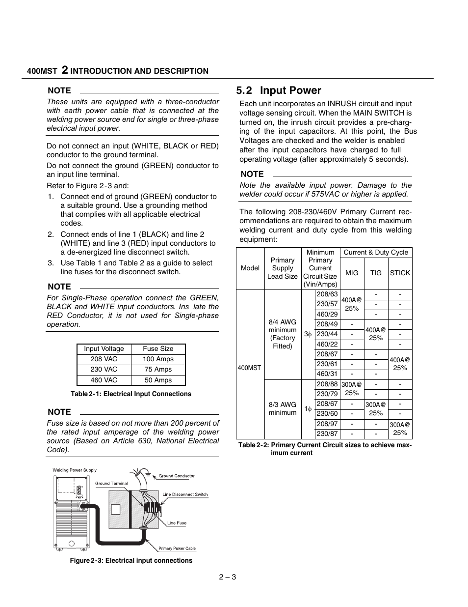 2 input power | Tweco 400 MST Arc Master User Manual | Page 18 / 102