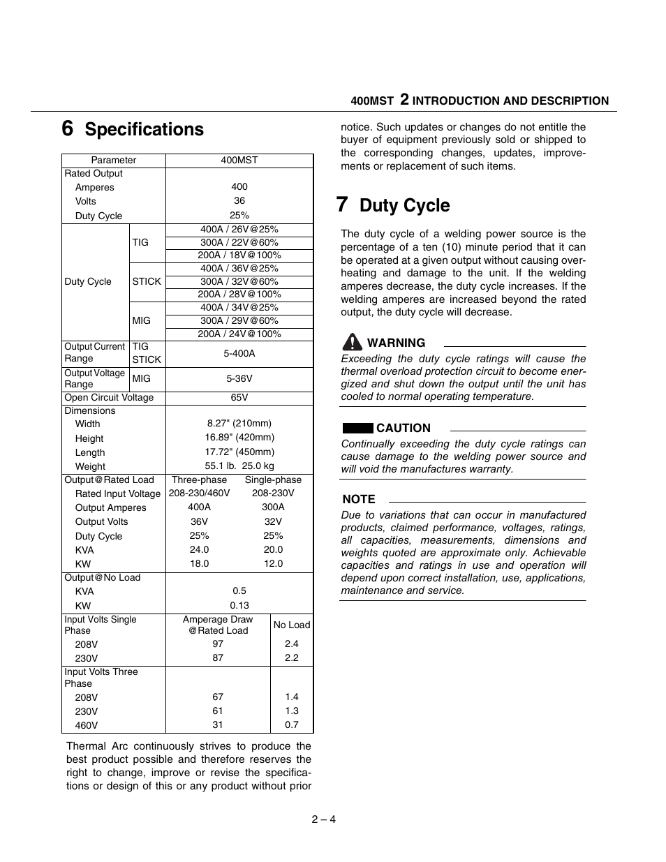 Specifications, Duty cycle | Tweco 400 MST Arc Master User Manual | Page 19 / 102