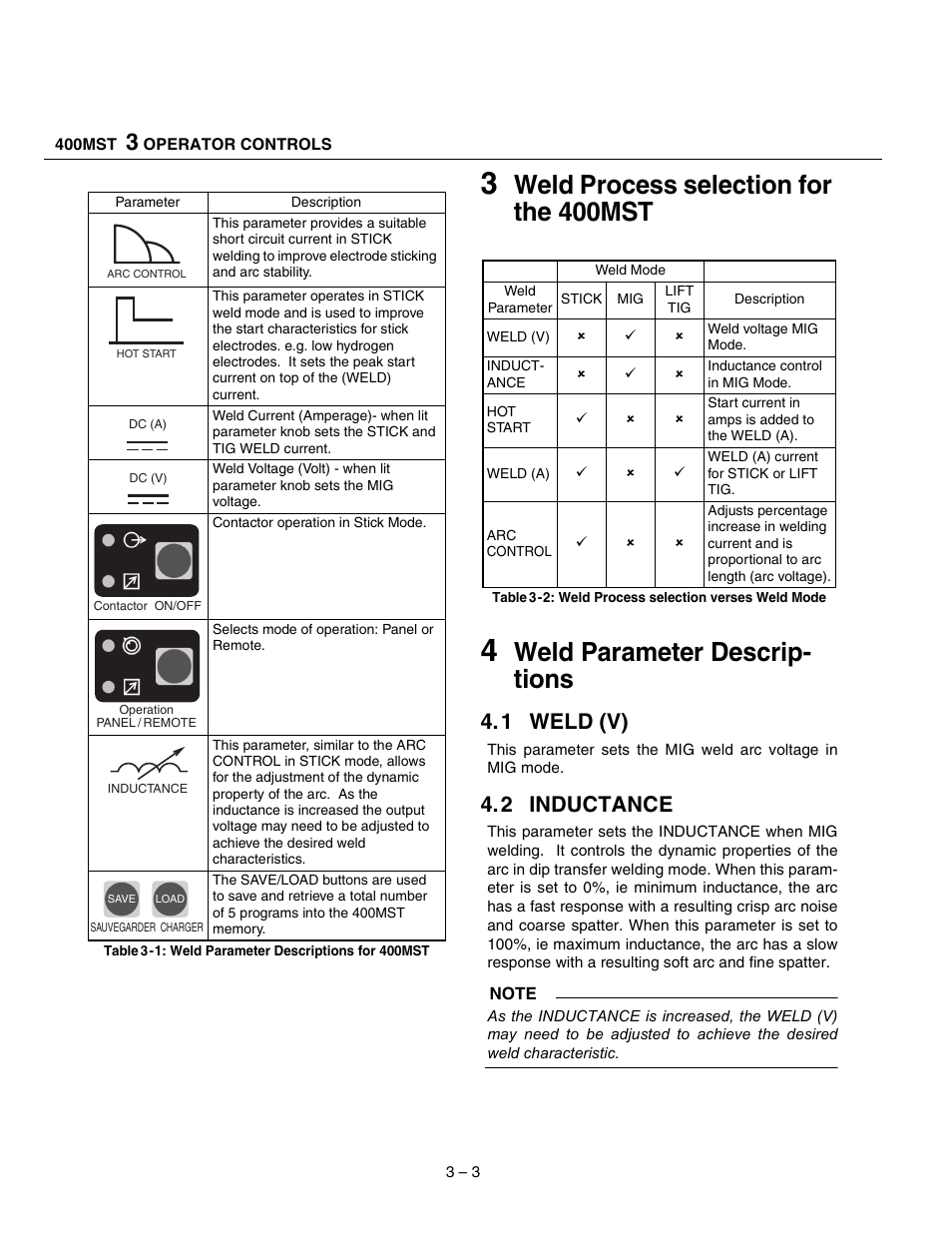 Weld process selection for the 400mst, Weld parameter descrip- tions, 1 weld (v) | 2 inductance | Tweco 400 MST Arc Master User Manual | Page 22 / 102