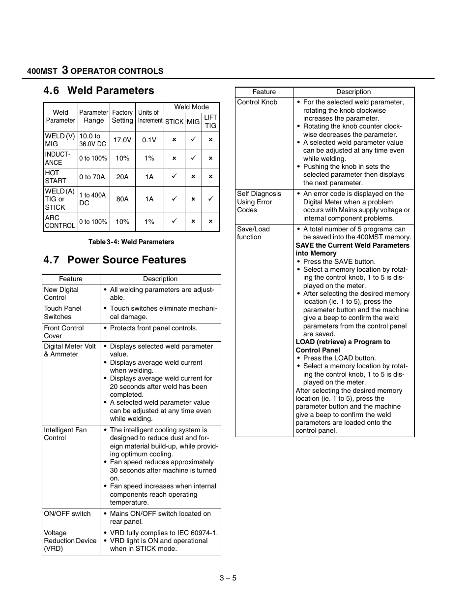 6 weld parameters, 7 power source features | Tweco 400 MST Arc Master User Manual | Page 24 / 102