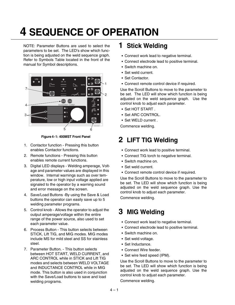 Sequence of operation, Stick welding, Lift tig welding | Mig welding | Tweco 400 MST Arc Master User Manual | Page 26 / 102