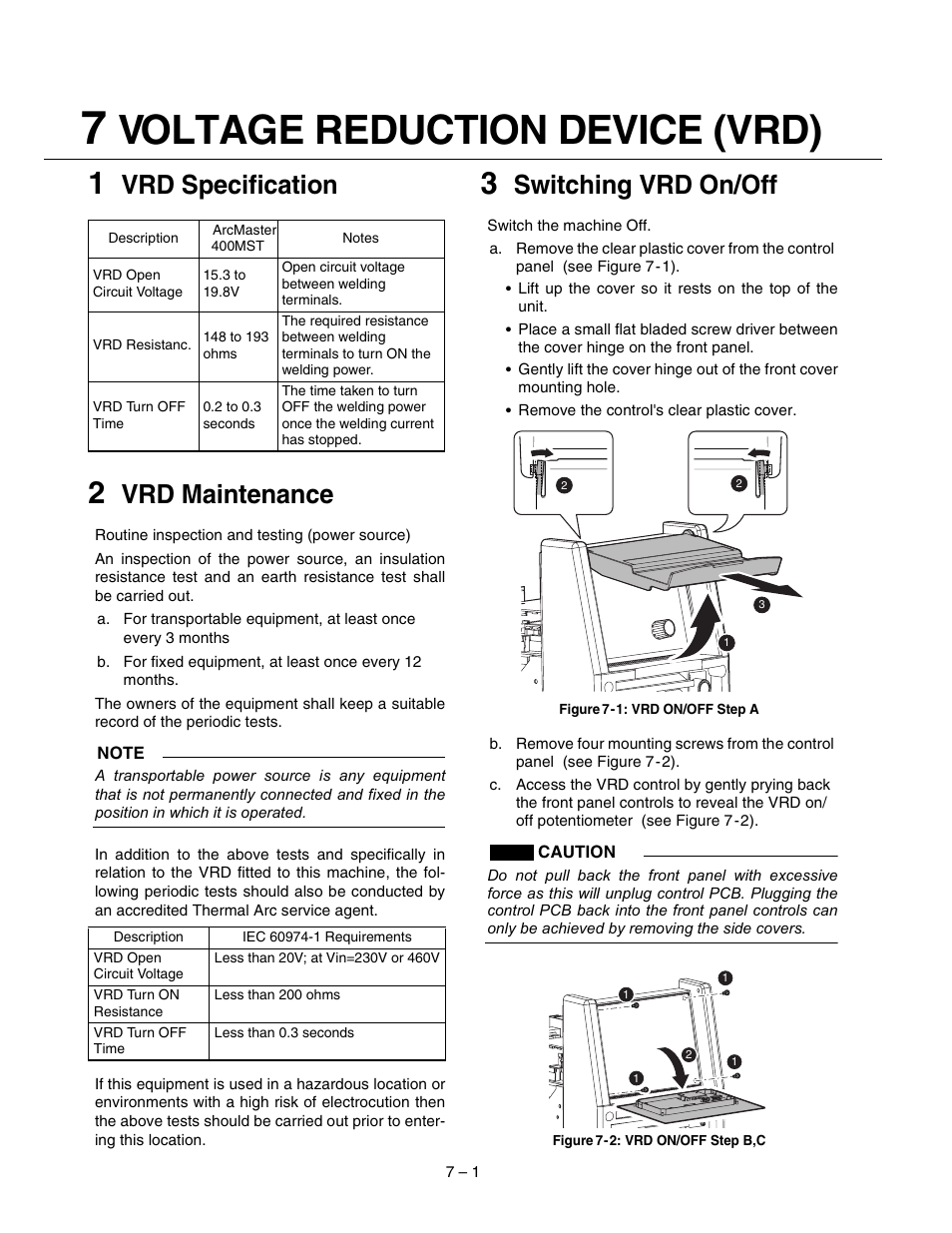Voltage reduction device (vrd), Vrd specification, Vrd maintenance | Switching vrd on/off | Tweco 400 MST Arc Master User Manual | Page 34 / 102