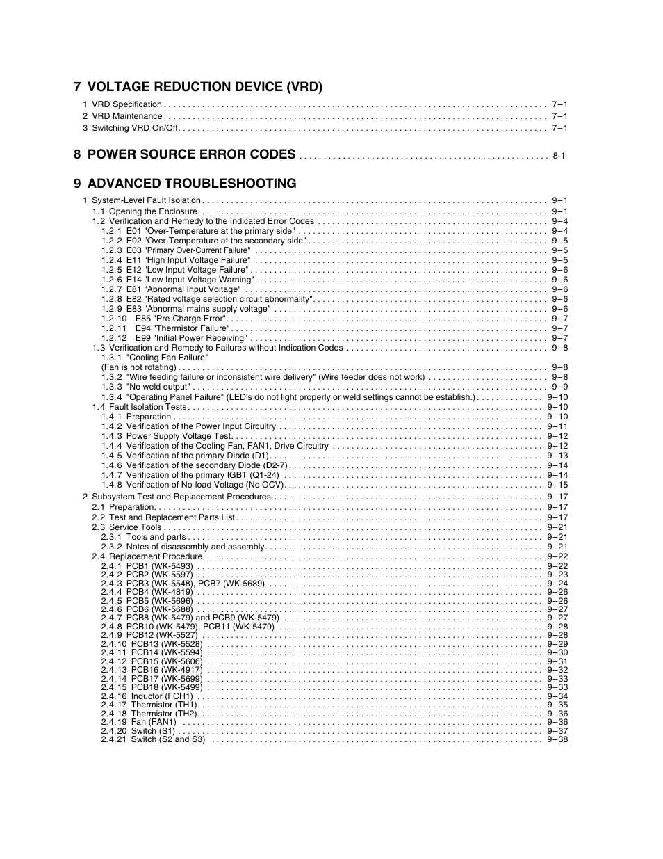 7 voltage reduction device (vrd), 8 power source error codes, 9 advanced troubleshooting | Tweco 400 MST Arc Master User Manual | Page 5 / 102