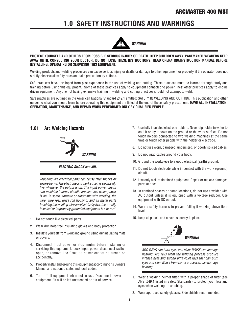 0 safety instructions and warnings, Arcmaster 400 mst | Tweco 400 MST Arc Master User Manual | Page 7 / 102