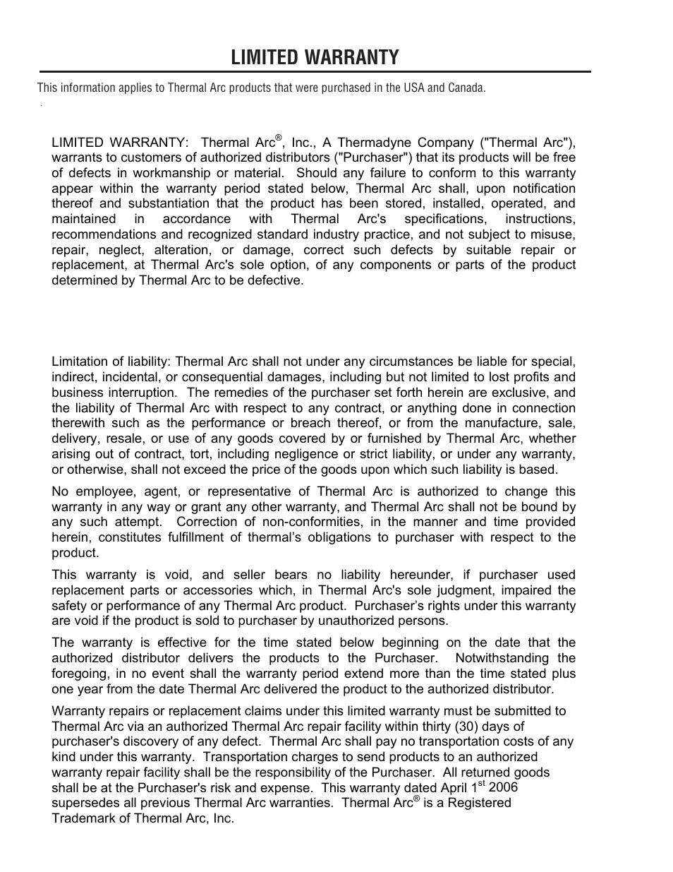 Limited warranty | Tweco 400 MST Arc Master User Manual | Page 98 / 102