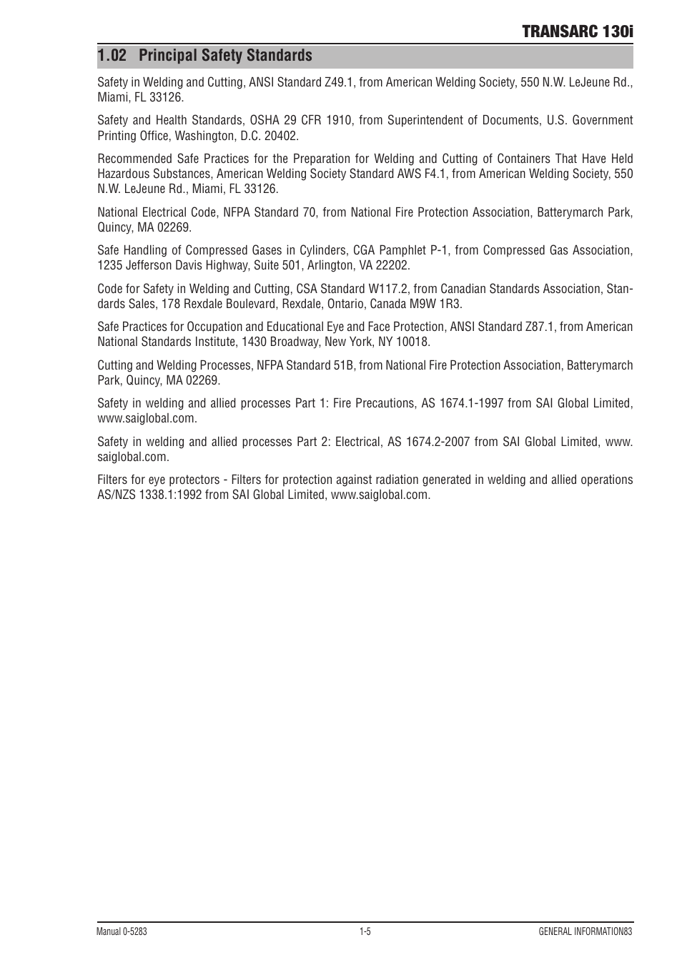 02 principal safety standards, Principal safety standards -5, Transarc 130i | Tweco 130i Transarc Operating Manual User Manual | Page 11 / 72