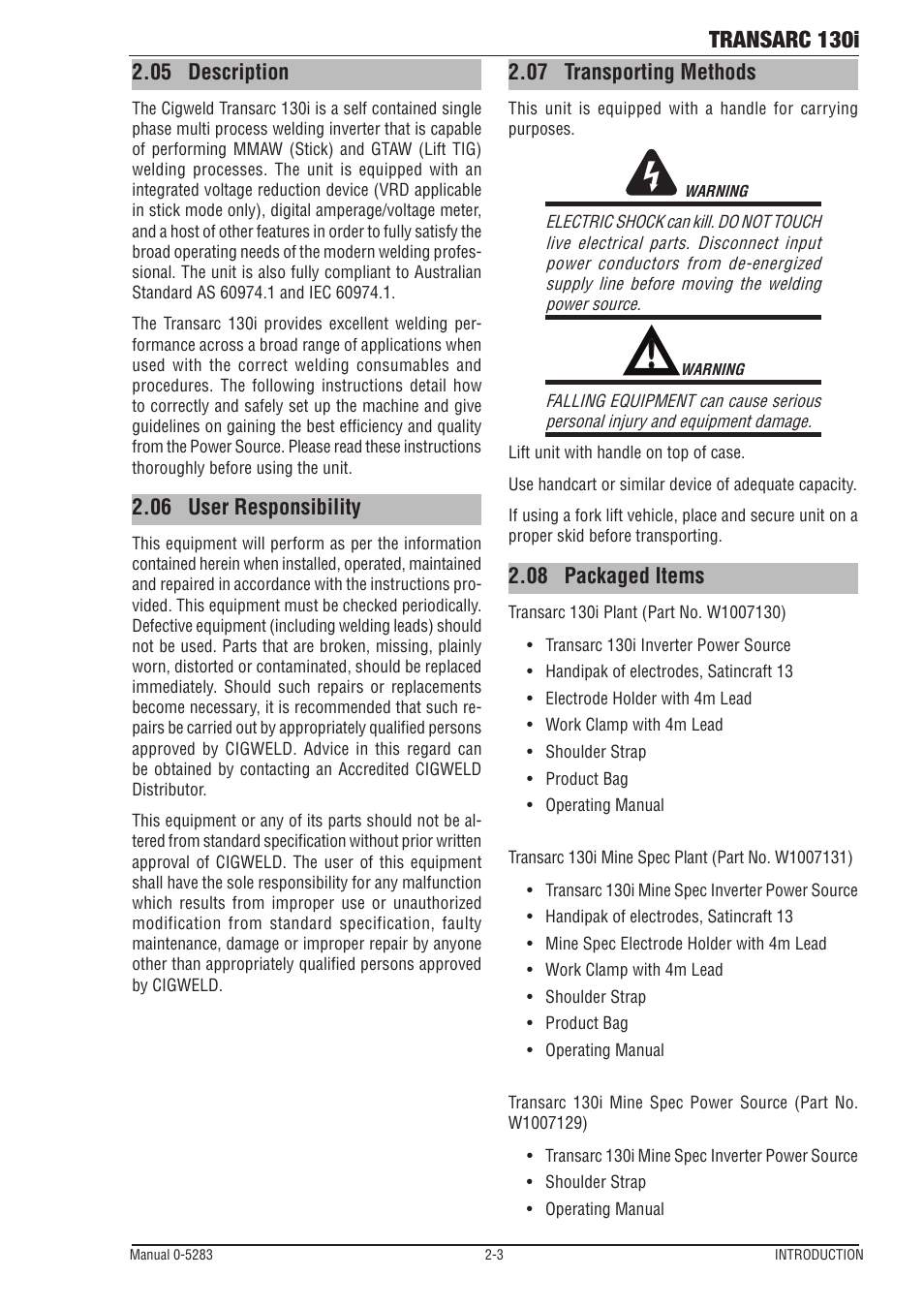 05 description, 06 user responsibility, 07 transporting methods | 08 packaged items, 05 description -3 2.06, User responsibility -3, Transporting methods -3, Packaged items -3, Transarc 130i | Tweco 130i Transarc Operating Manual User Manual | Page 15 / 72