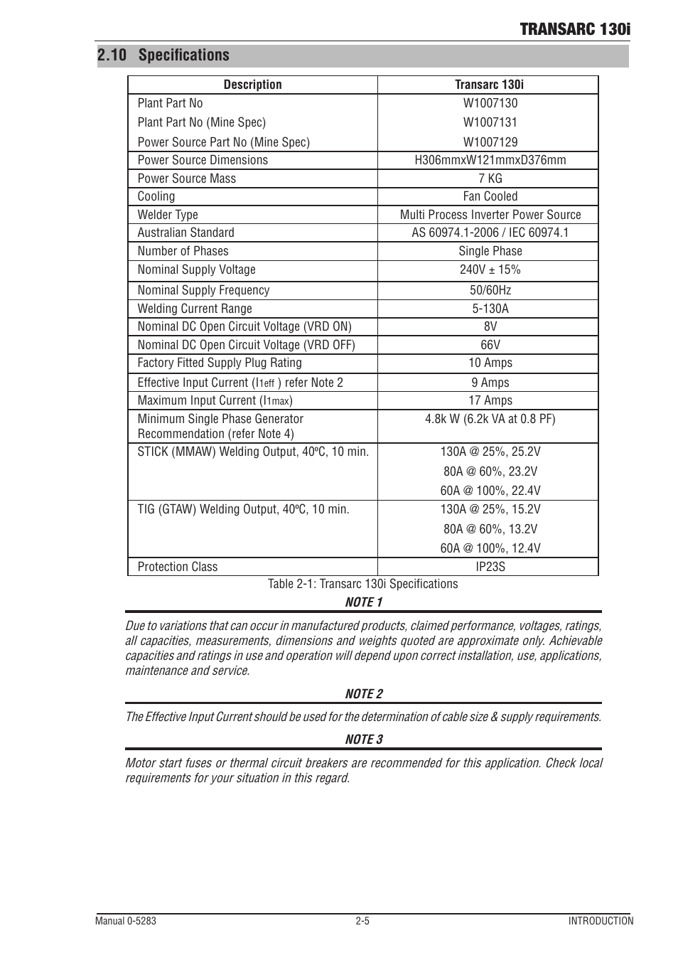 10 specifications, 10 specifications -5, Transarc 130i | Tweco 130i Transarc Operating Manual User Manual | Page 17 / 72