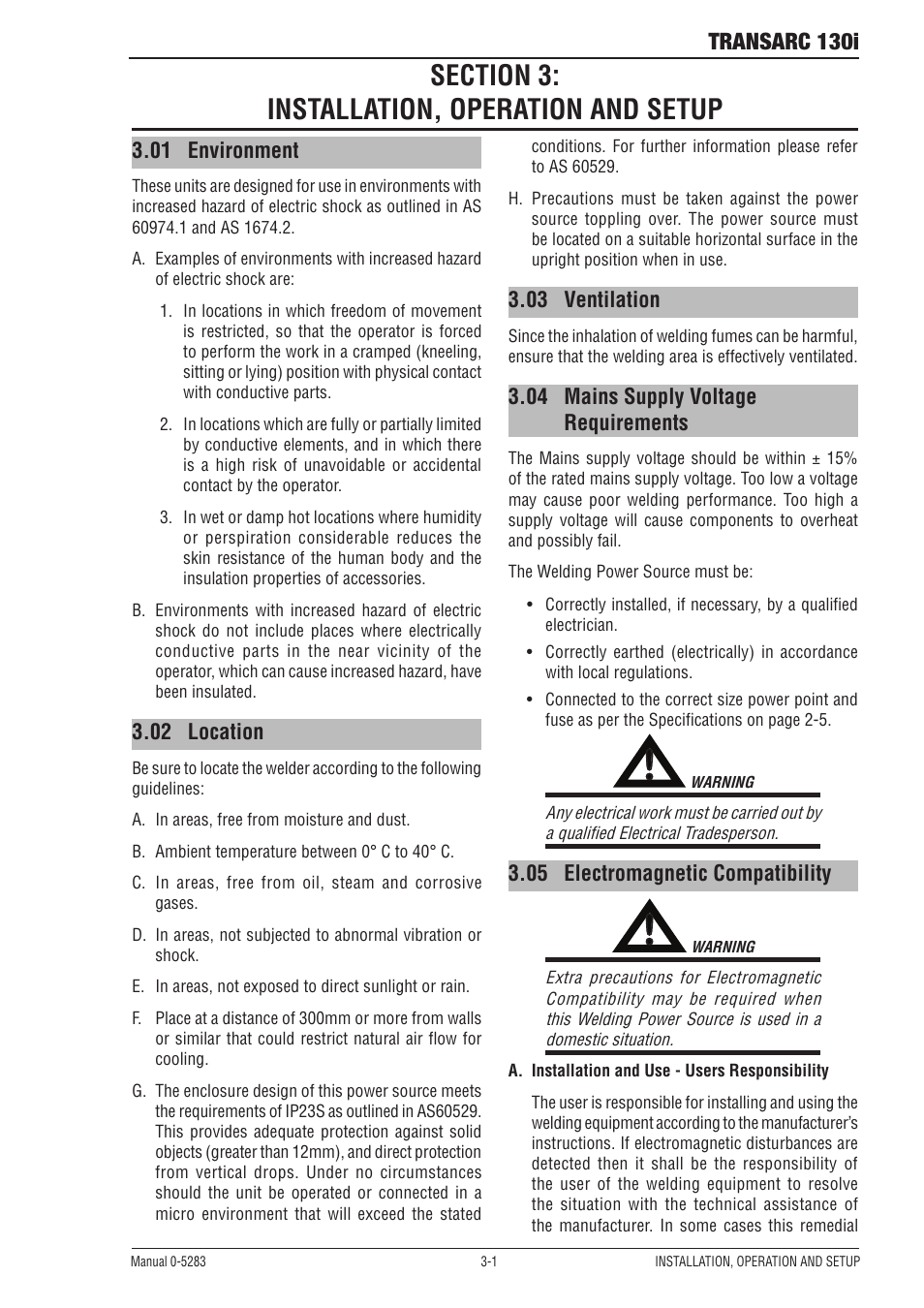 Section 3: installation, operation and setup, 01 environment, 02 location | 03 ventilation, 04 mains supply voltage requirements, 05 electromagnetic compatibility, Section 3, Installation, operation and setup -1, Mains supply voltage requirements -1, Electromagnetic compatibility -1 | Tweco 130i Transarc Operating Manual User Manual | Page 19 / 72
