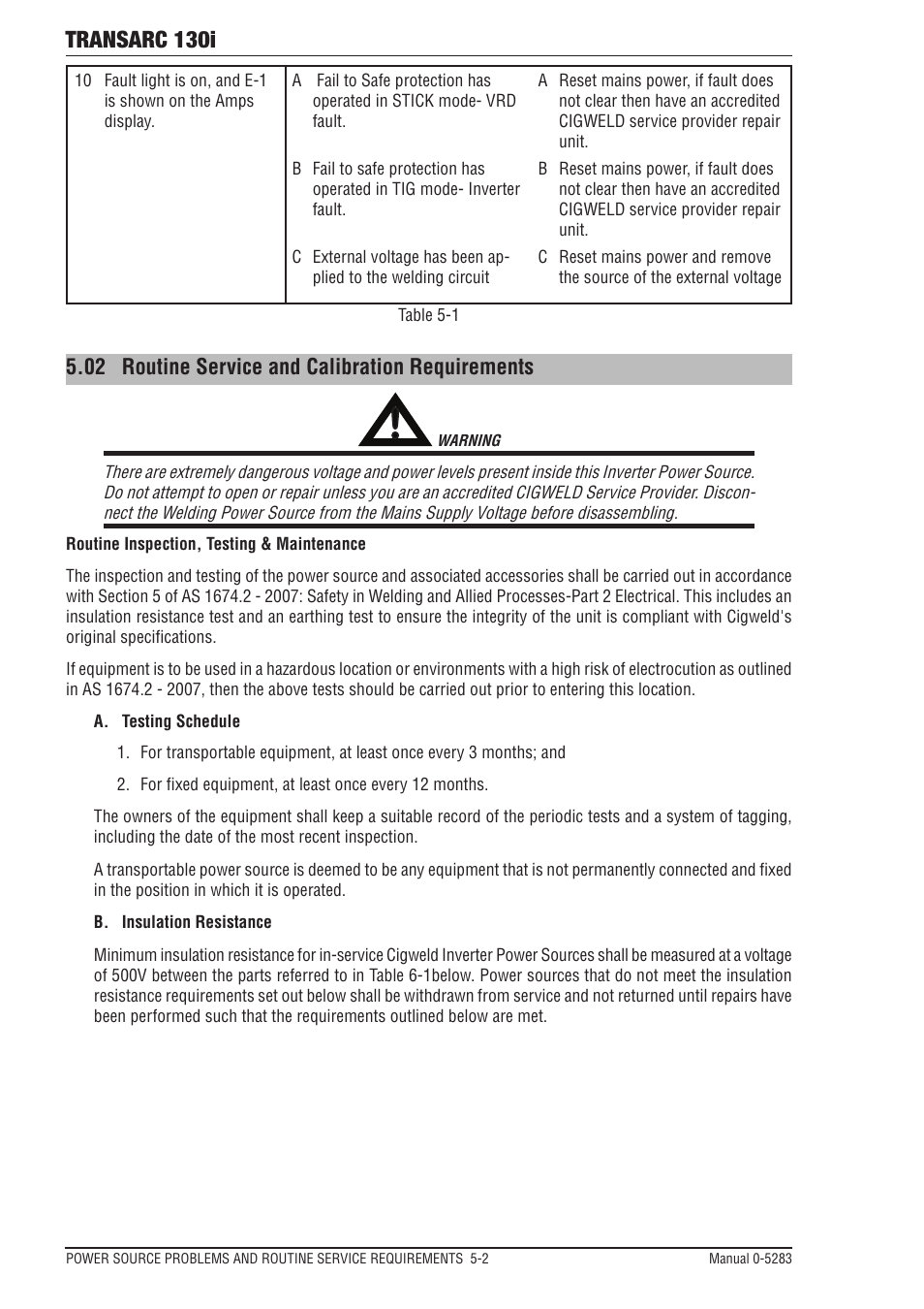 02 routine service and calibration requirements, Routine service and calibration requirements -2, Transarc 130i | Tweco 130i Transarc Operating Manual User Manual | Page 56 / 72
