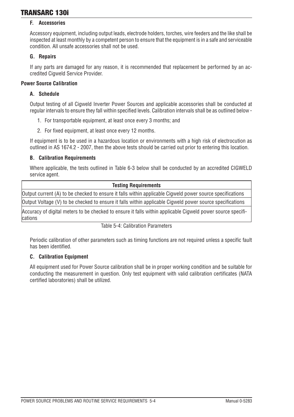 03 cleaning the welding power source, Cleaning the welding power source -5, Factory reset procedure -5 | Transarc 130i | Tweco 130i Transarc Operating Manual User Manual | Page 58 / 72