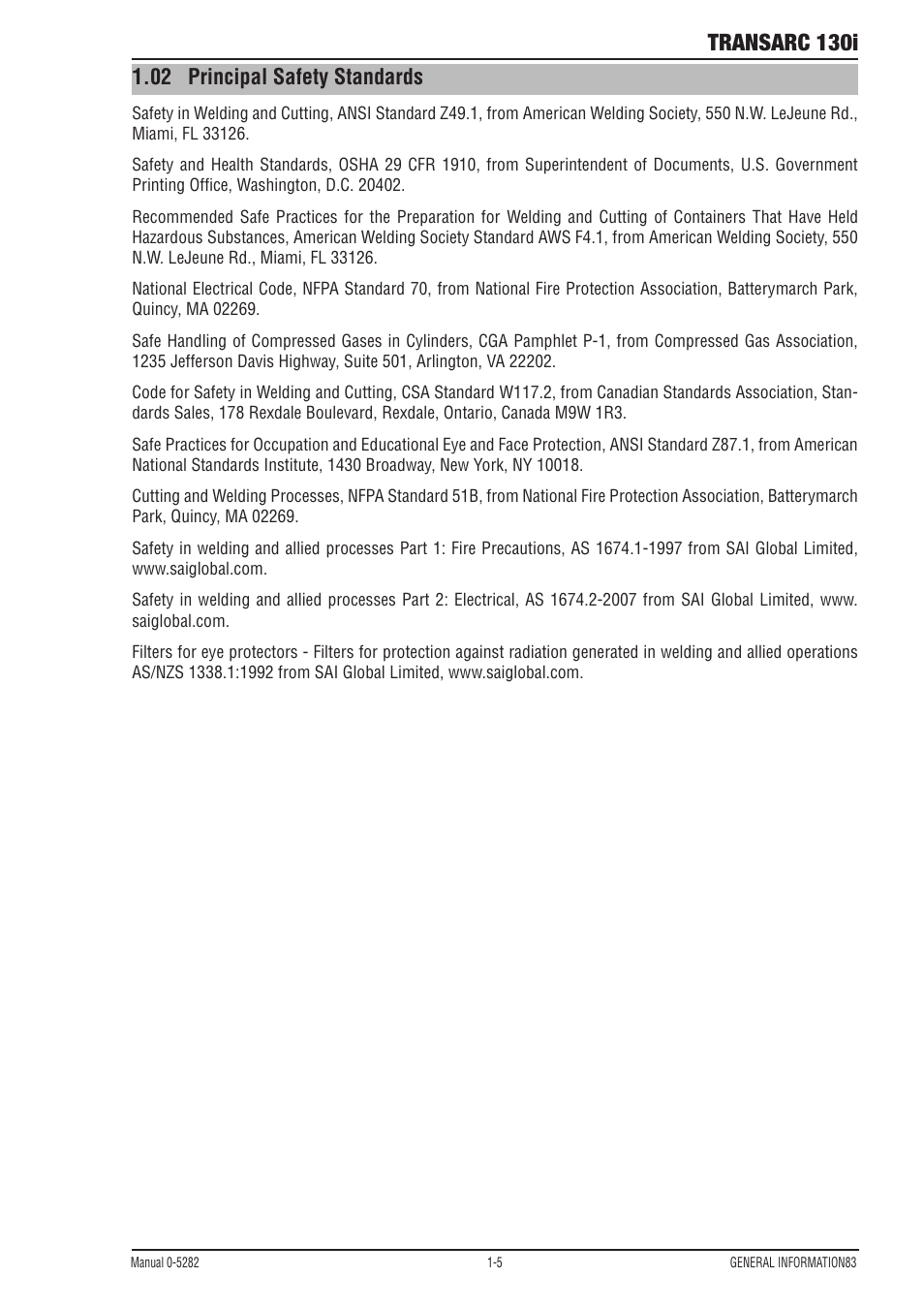 02 principal safety standards, Principal safety standards -5, Transarc 130i | Tweco 130i Transarc Service Manual User Manual | Page 11 / 86