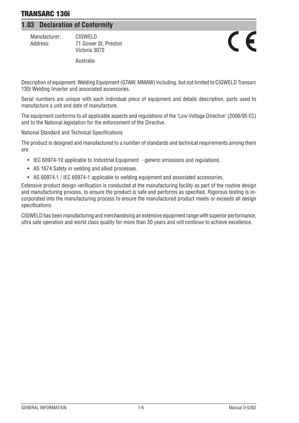 03 declaration of conformity, Declaration of conformity -6, Transarc 130i | Tweco 130i Transarc Service Manual User Manual | Page 12 / 86