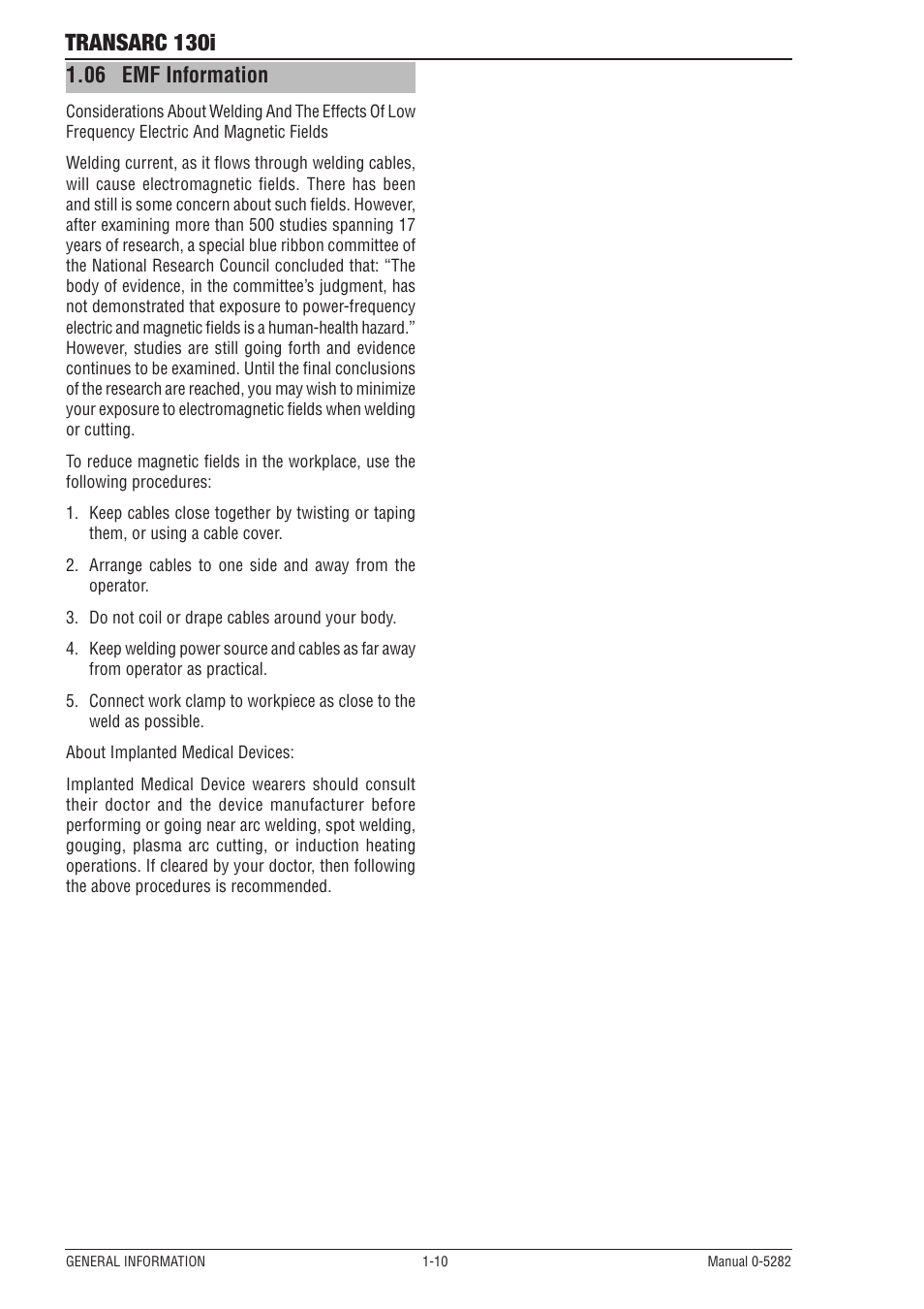 06 emf information, Emf information -10, Transarc 130i | Tweco 130i Transarc Service Manual User Manual | Page 16 / 86