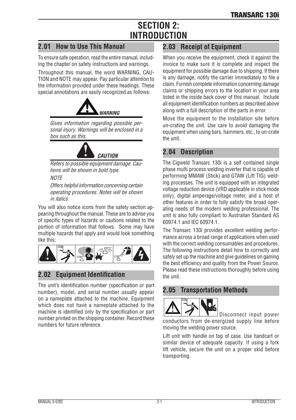 Section 2: introduction, 01 how to use this manual, 02 equipment identification | 03 receipt of equipment, 04 description, 05 transportation methods, Section 2, Introduction -1, How to use this manual -1, Equipment identification -1 | Tweco 130i Transarc Service Manual User Manual | Page 17 / 86