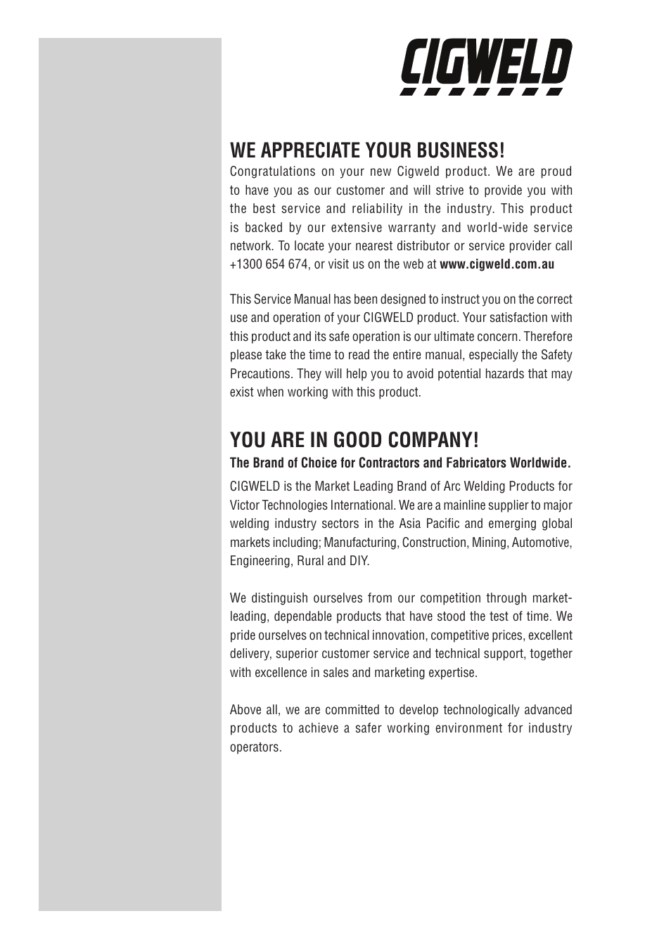 We appreciate your business, You are in good company | Tweco 130i Transarc Service Manual User Manual | Page 2 / 86