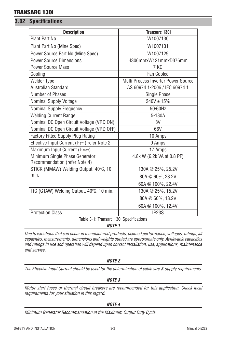 02 specifications, 02 specifications -2, Transarc 130i | Tweco 130i Transarc Service Manual User Manual | Page 20 / 86