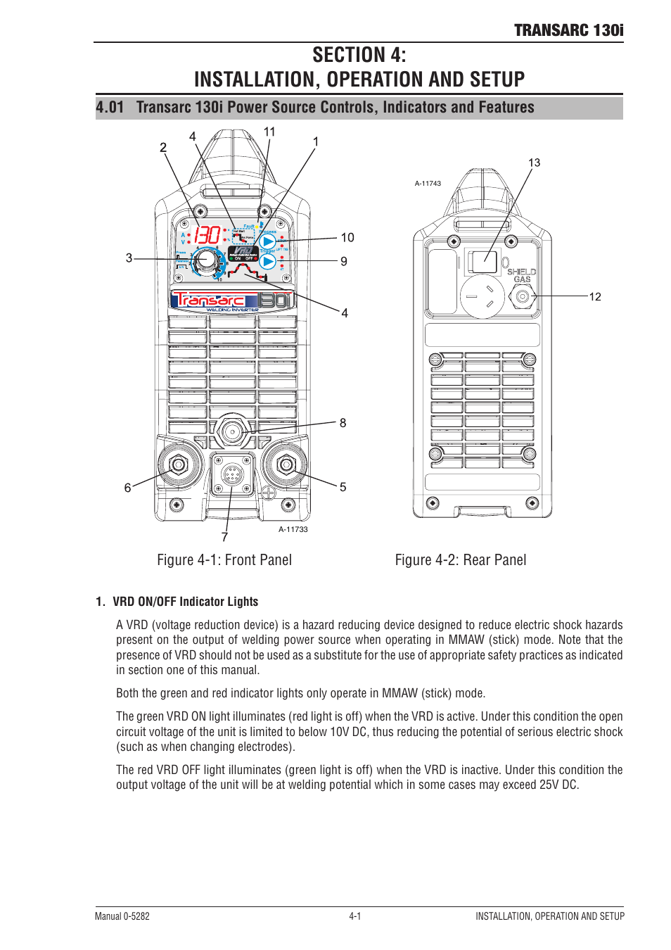 Section 4: installation, operation and setup, Section 3: installation, operation and setup, Section 4 | Installation, operation and setup -1, Transarc 130i | Tweco 130i Transarc Service Manual User Manual | Page 25 / 86