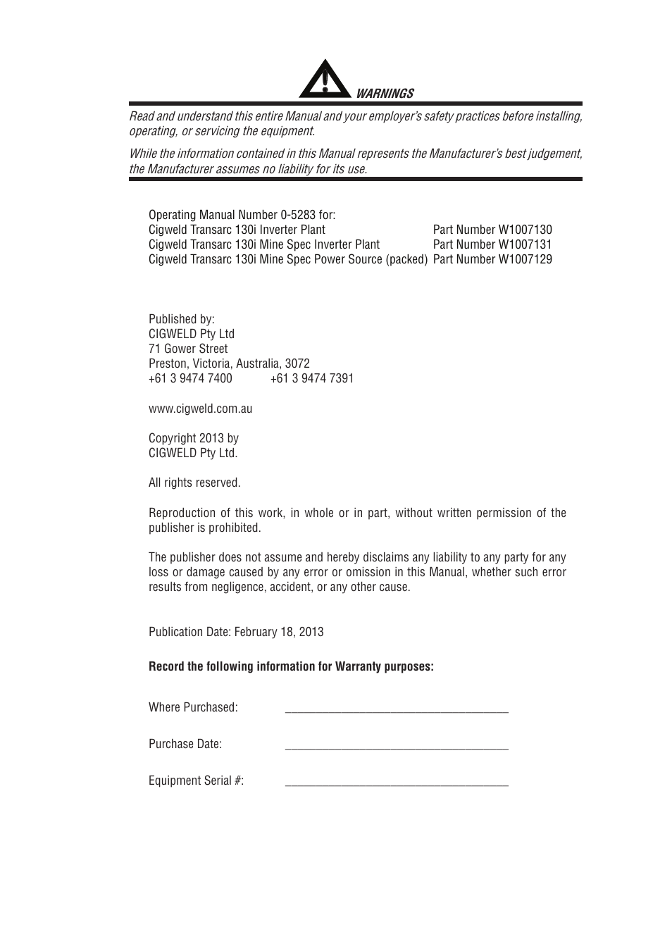 Tweco 130i Transarc Service Manual User Manual | Page 3 / 86